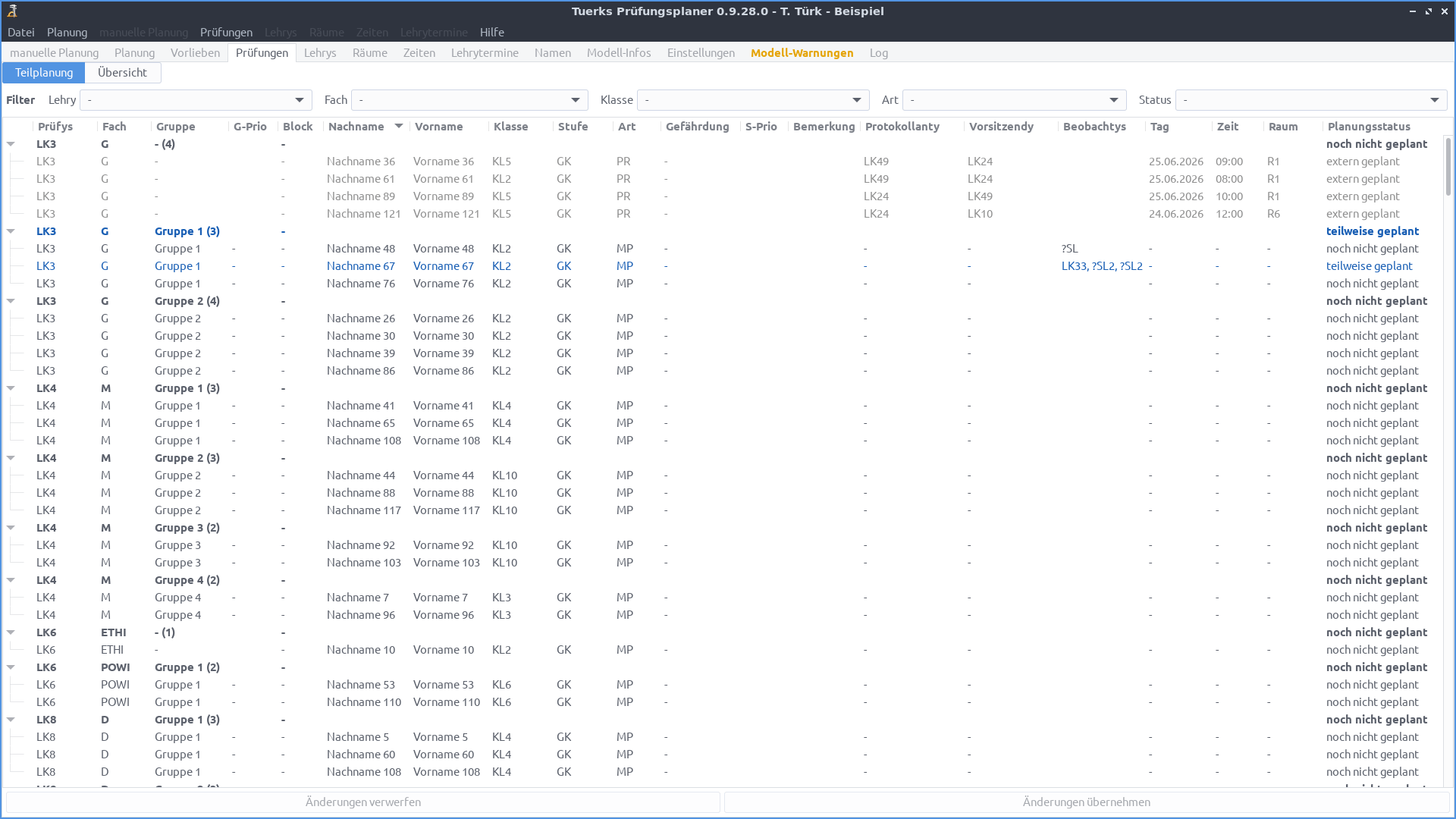 Screenshot Reiter Prüfungen /
Teilplanung