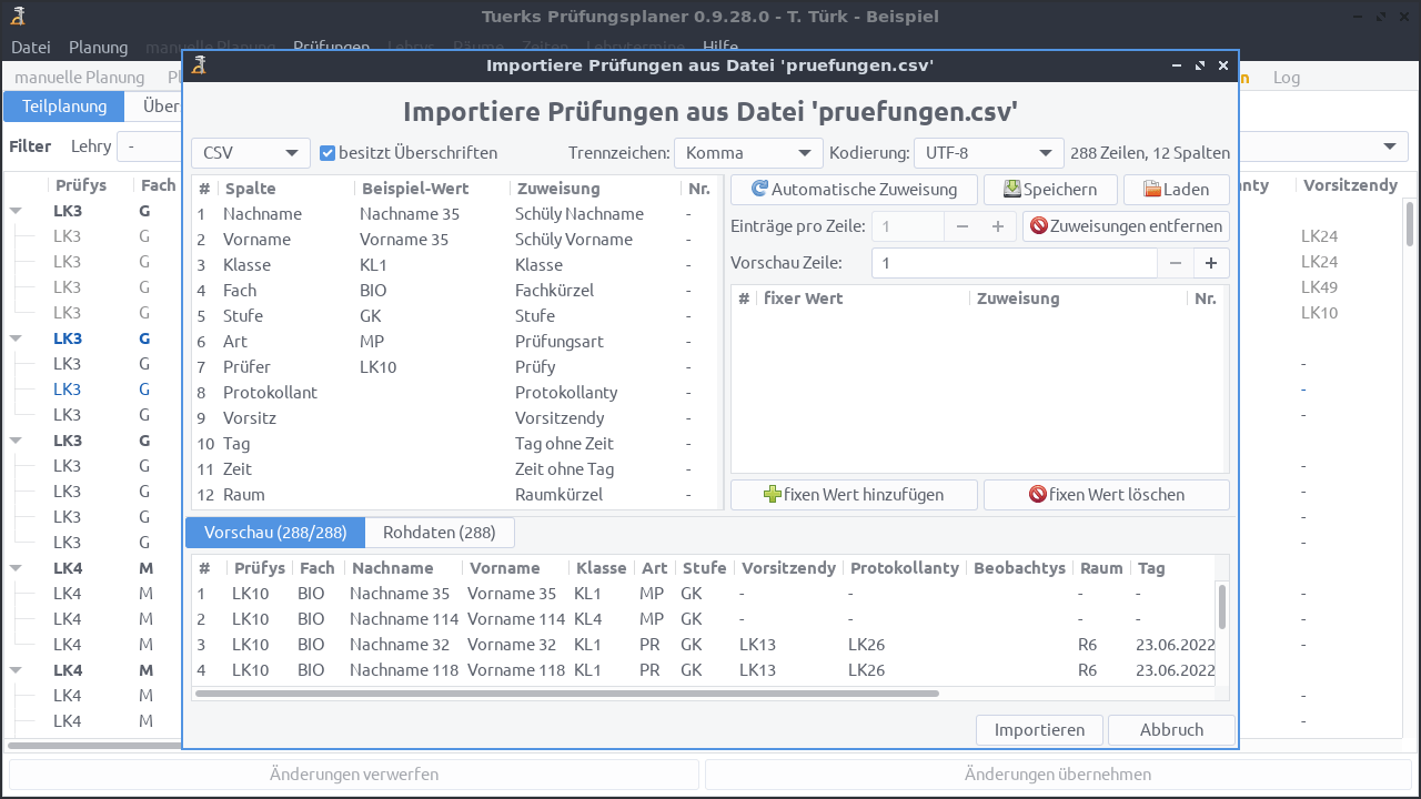 Screenshot Reiter Prüfungen /
Import