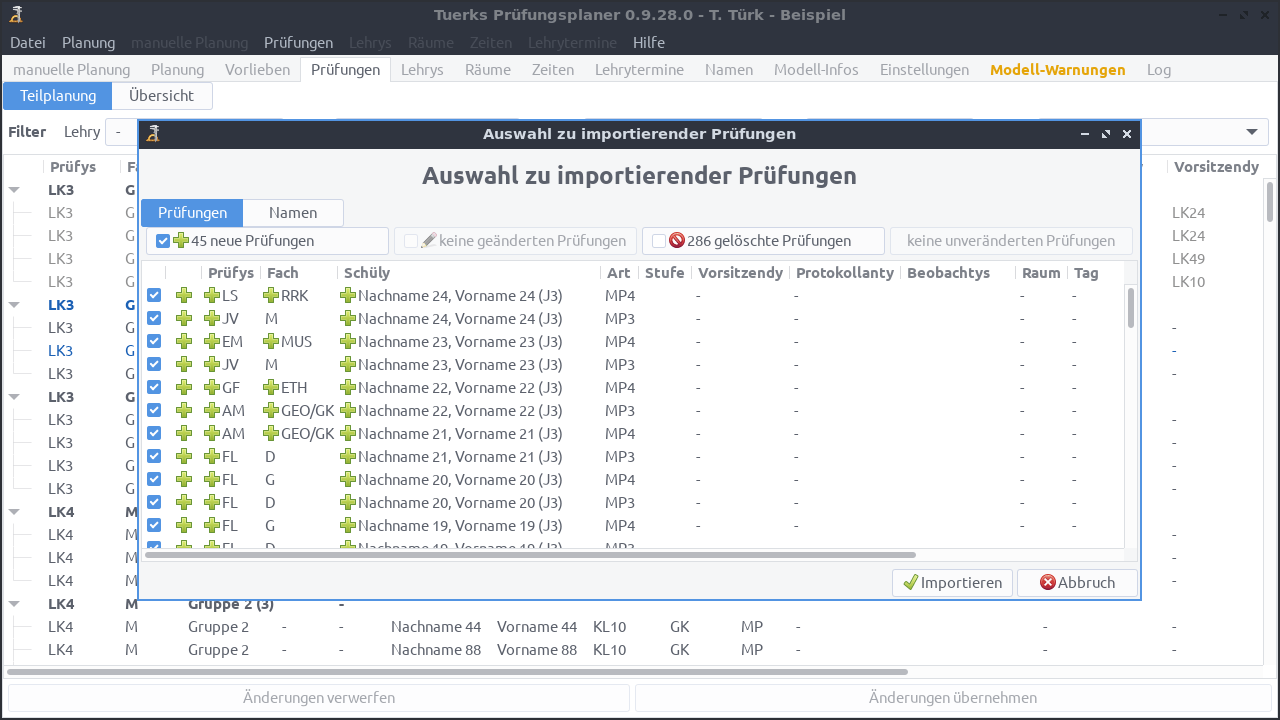 Screenshot Prüfungen Import
Auswahl