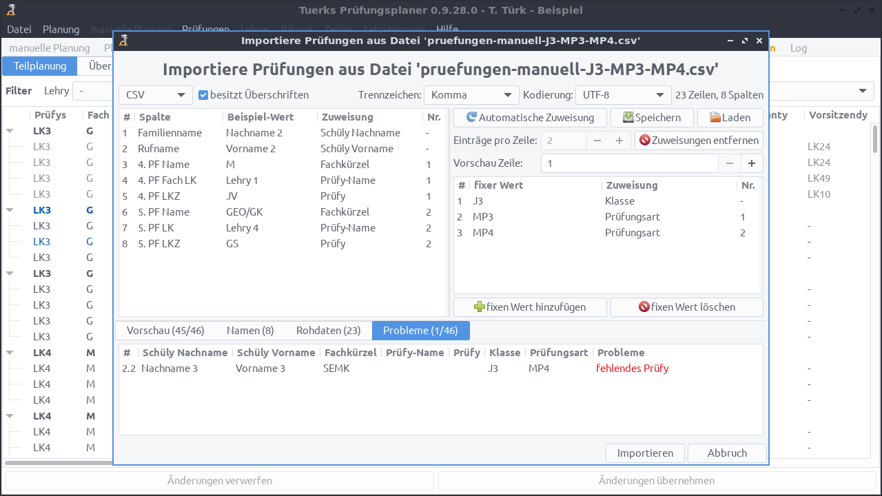 Screenshot Prüfungen Import
Probleme