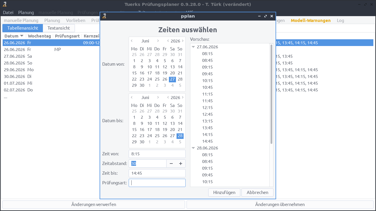 Screenshot Zeiten Auswahl